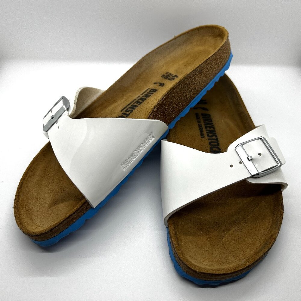 Birkenstock Madrid Birko-Flor Sandals White Patent Blue Sole Sz 40 Like New
